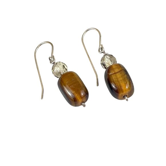 Tiger Eye & Crystal Bead Dangle Earrings With Silver Hooks - Picture 2 of 5
